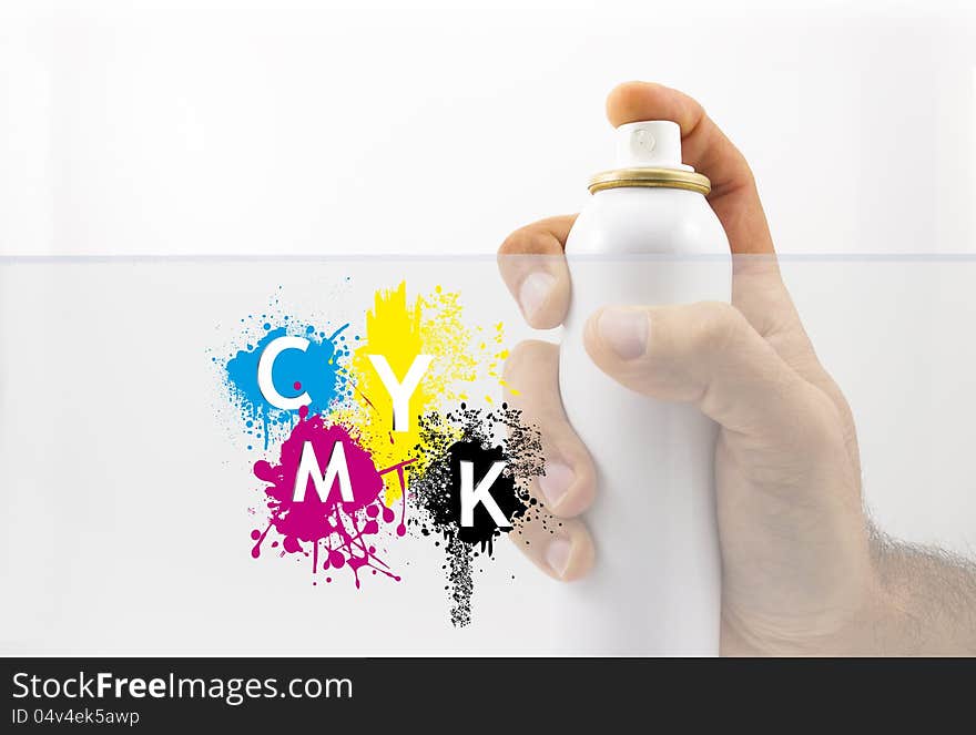 Spraying with paint and CMYK splash in white background
