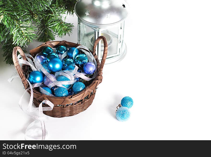 Christmas decoration with blue balls and lantern