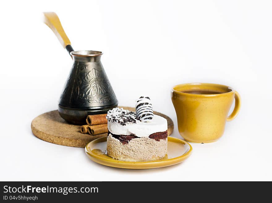 Tasty dessert on the round plate with cup of turkish coffe, isolated on white. Tasty dessert on the round plate with cup of turkish coffe, isolated on white