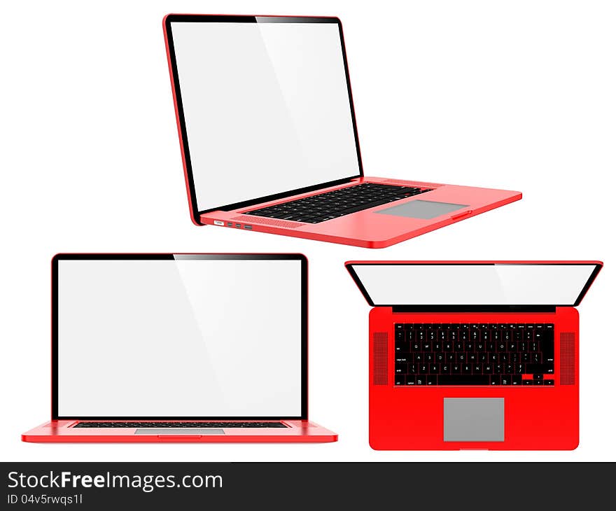 Set of Red Modern Laptops.