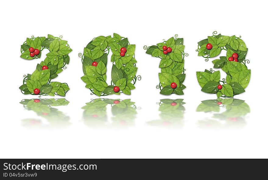 New year 2013. Date lined green leaves with red berry and drops of dew. On white background. New year 2013. Date lined green leaves with red berry and drops of dew. On white background