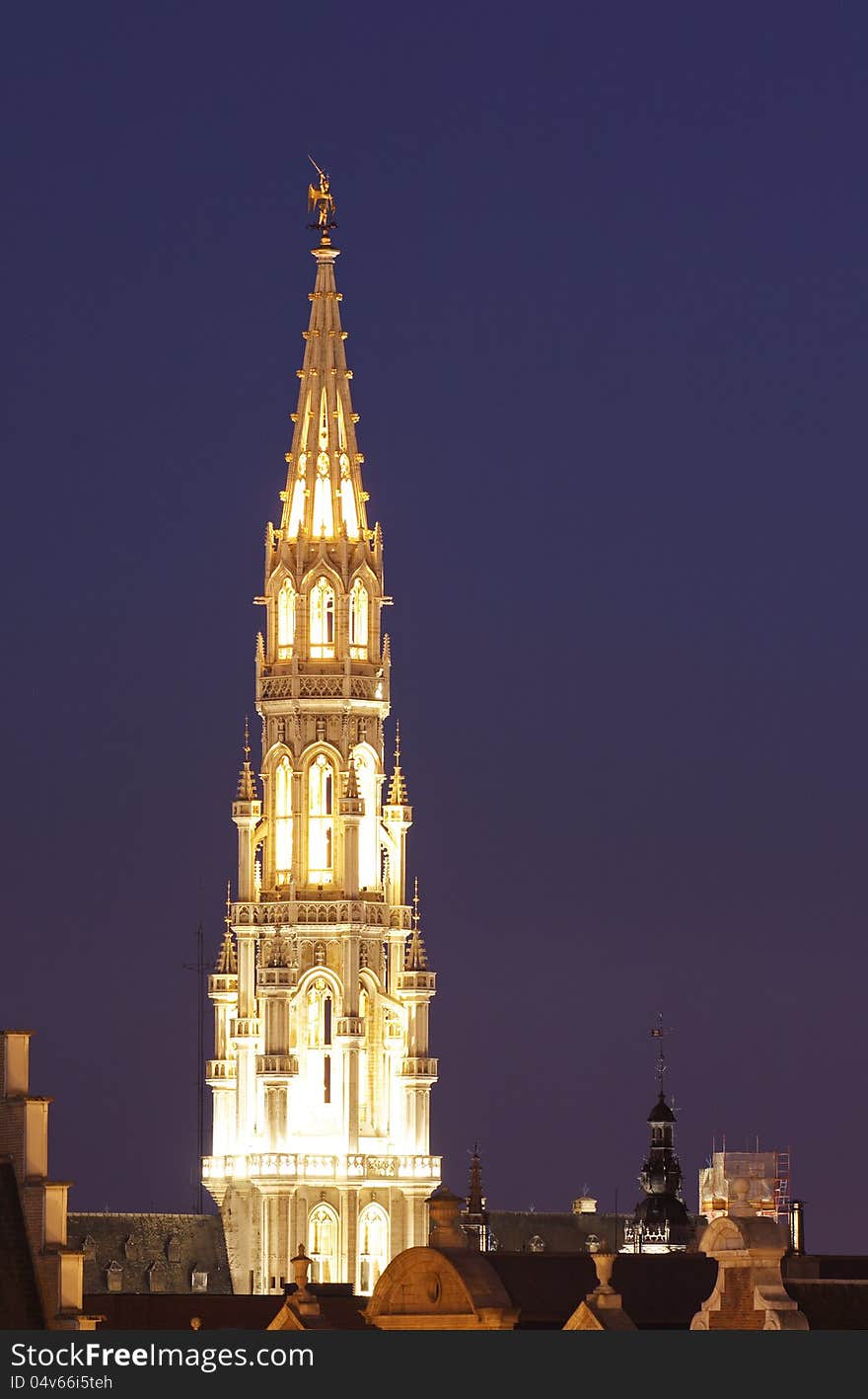 Brussels city hall tower in beautiful night lights