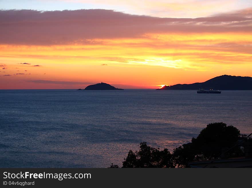 Sunset in Liguria, Tino and Palmaria islands in front of the sea. Sunset in Liguria, Tino and Palmaria islands in front of the sea