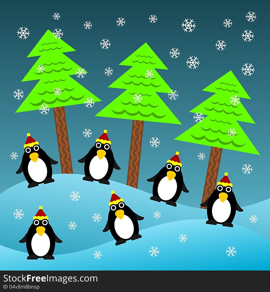 A group of cartoon penguins in a snowy weather for Christmas background use. A group of cartoon penguins in a snowy weather for Christmas background use