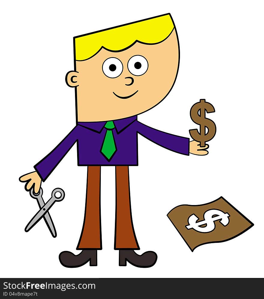 A cartoon business man with a cut out paper dollar and a scissor. A cartoon business man with a cut out paper dollar and a scissor