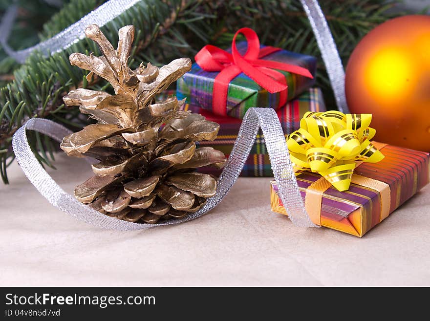 Christmas decoration with gifts on old paper. Christmas decoration with gifts on old paper