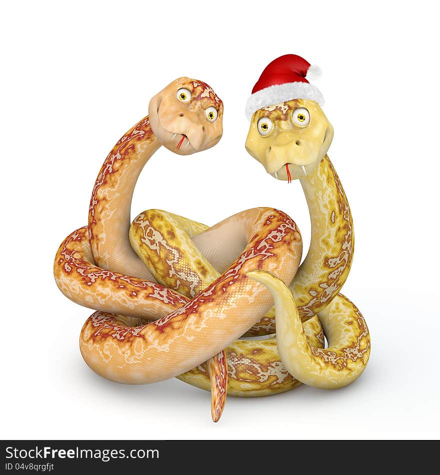 Two snakes curled up in a ball on a white background. Two snakes curled up in a ball on a white background
