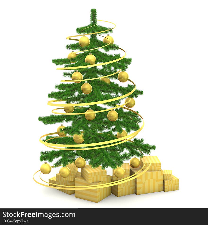 Green fir-tree dressed up by spheres with gifts. Green fir-tree dressed up by spheres with gifts