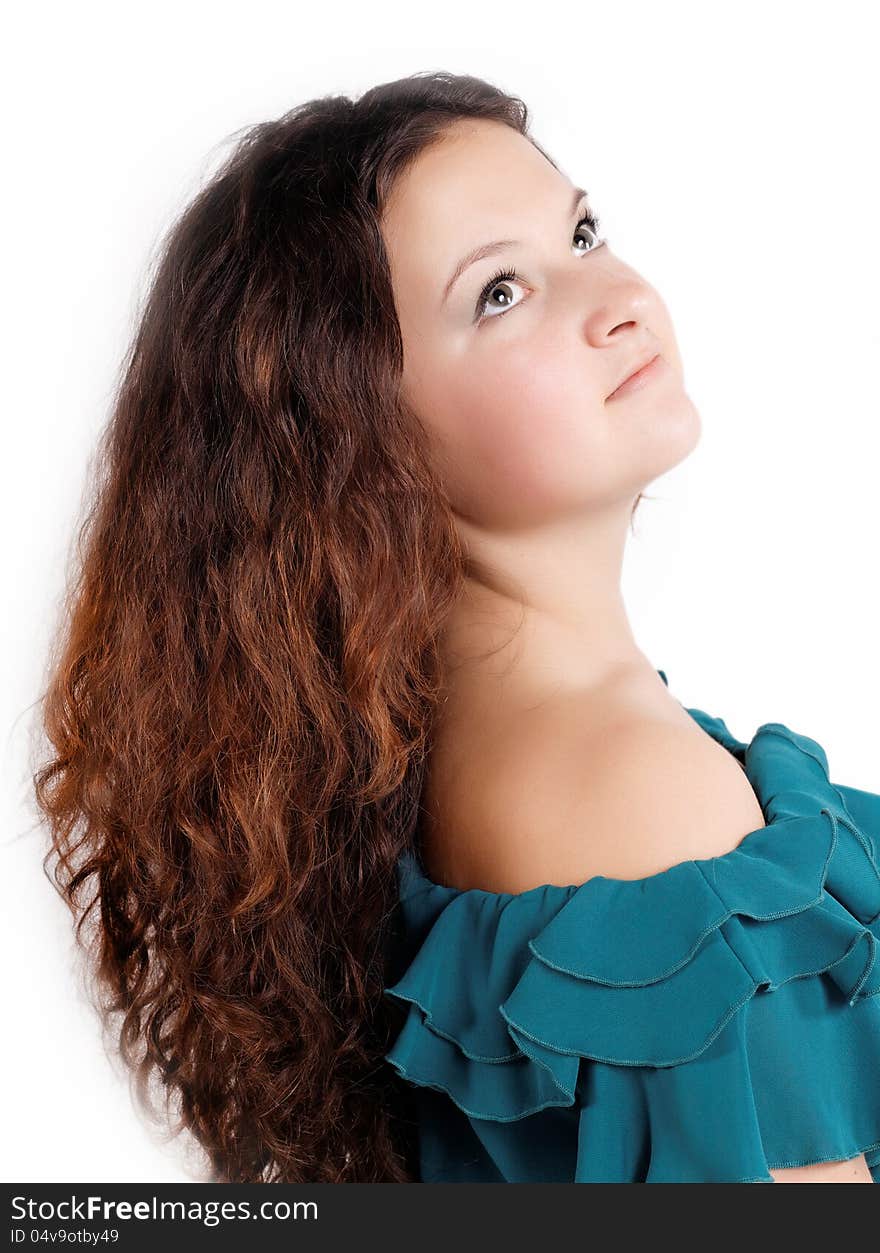 Curly cute brunette with her hair