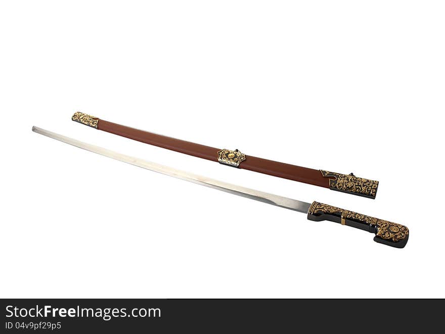 Sabre with leather scabbard isolated on white background