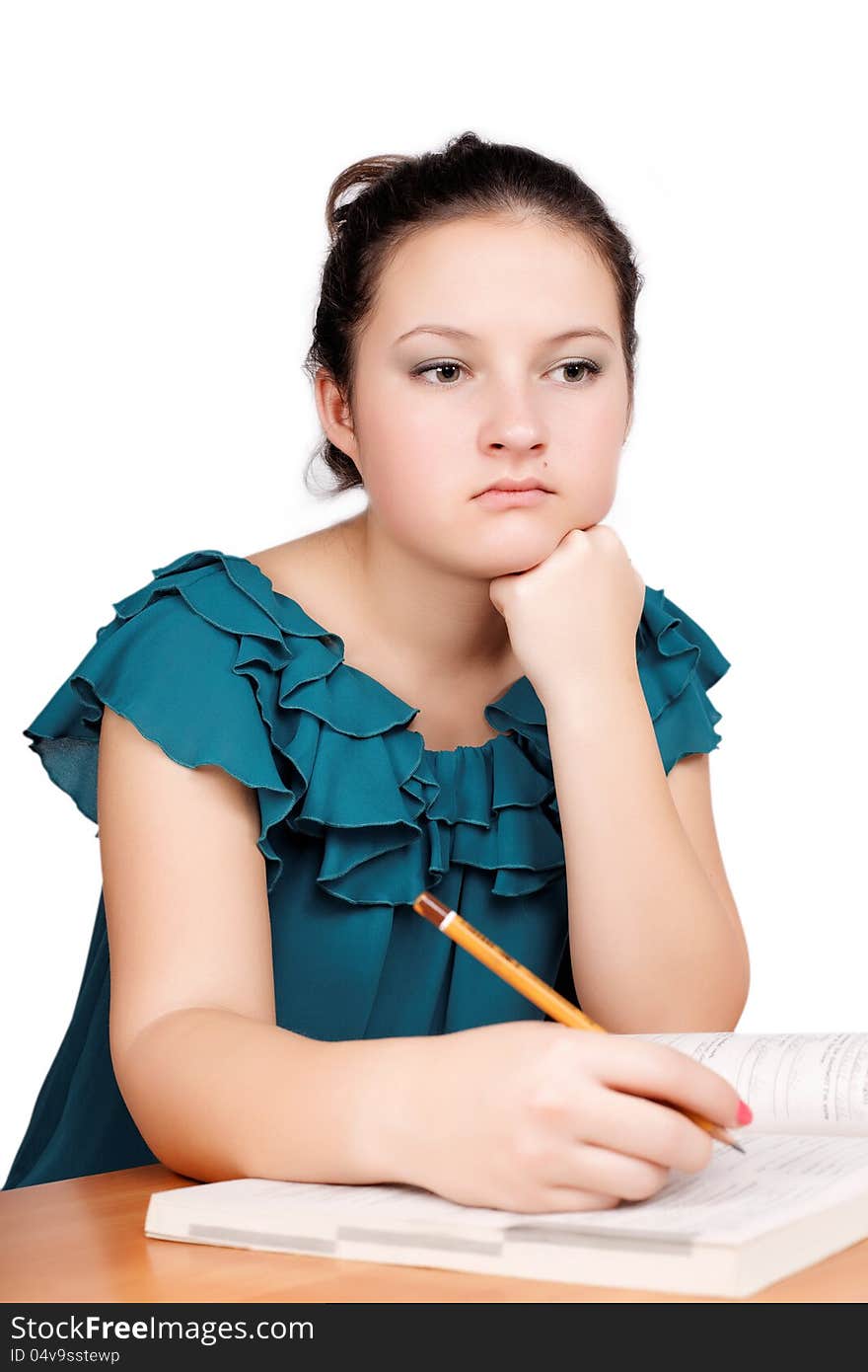 Portrait of a cute brunette schoolgirl  isolated