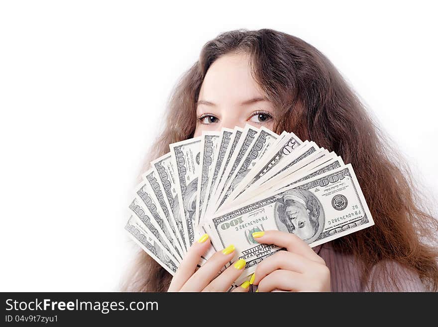 Portrait of a pretty brunette girl with money