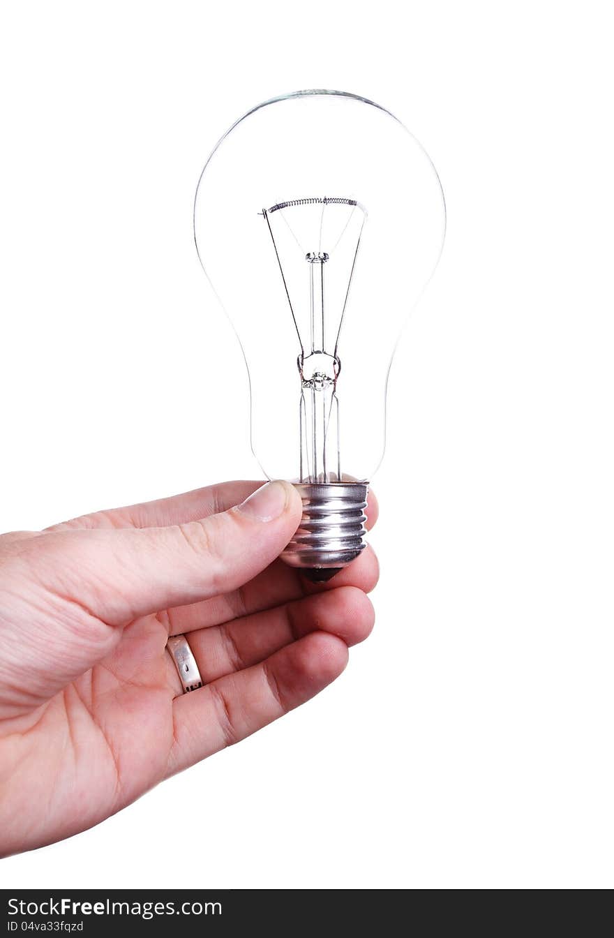 Bulb (lamp) in hand, isolated on white background. Bulb (lamp) in hand, isolated on white background