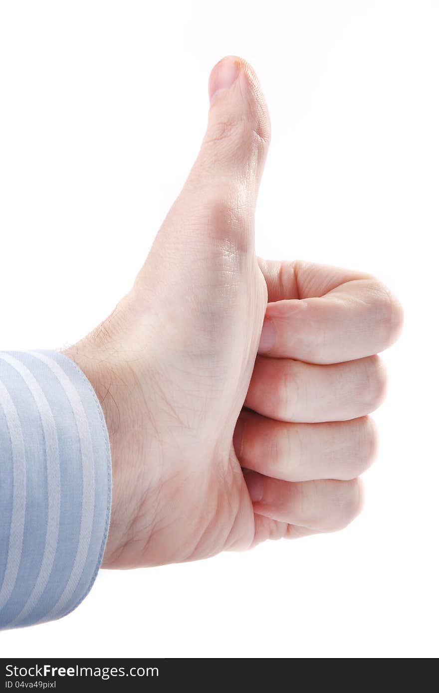 Male hand showing thumbs up or ok sign on white background