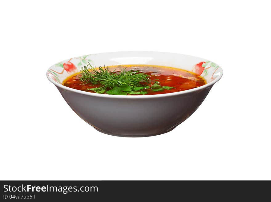 Ukrainian borsch with greens on a white background