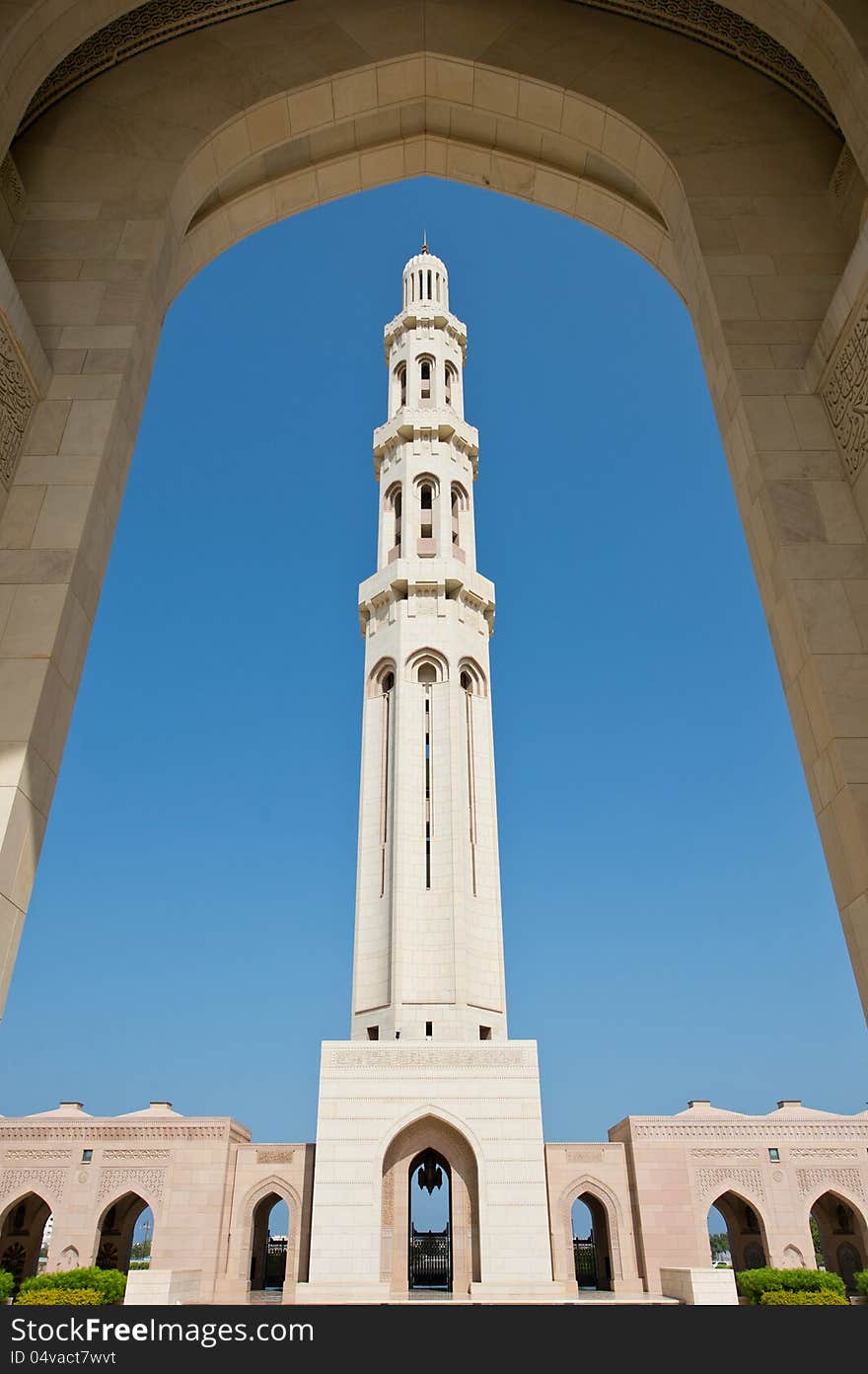 Arched view of the main minaret at the Sultan Qaboos Grand Mosque in Muscat, Oman. Arched view of the main minaret at the Sultan Qaboos Grand Mosque in Muscat, Oman.