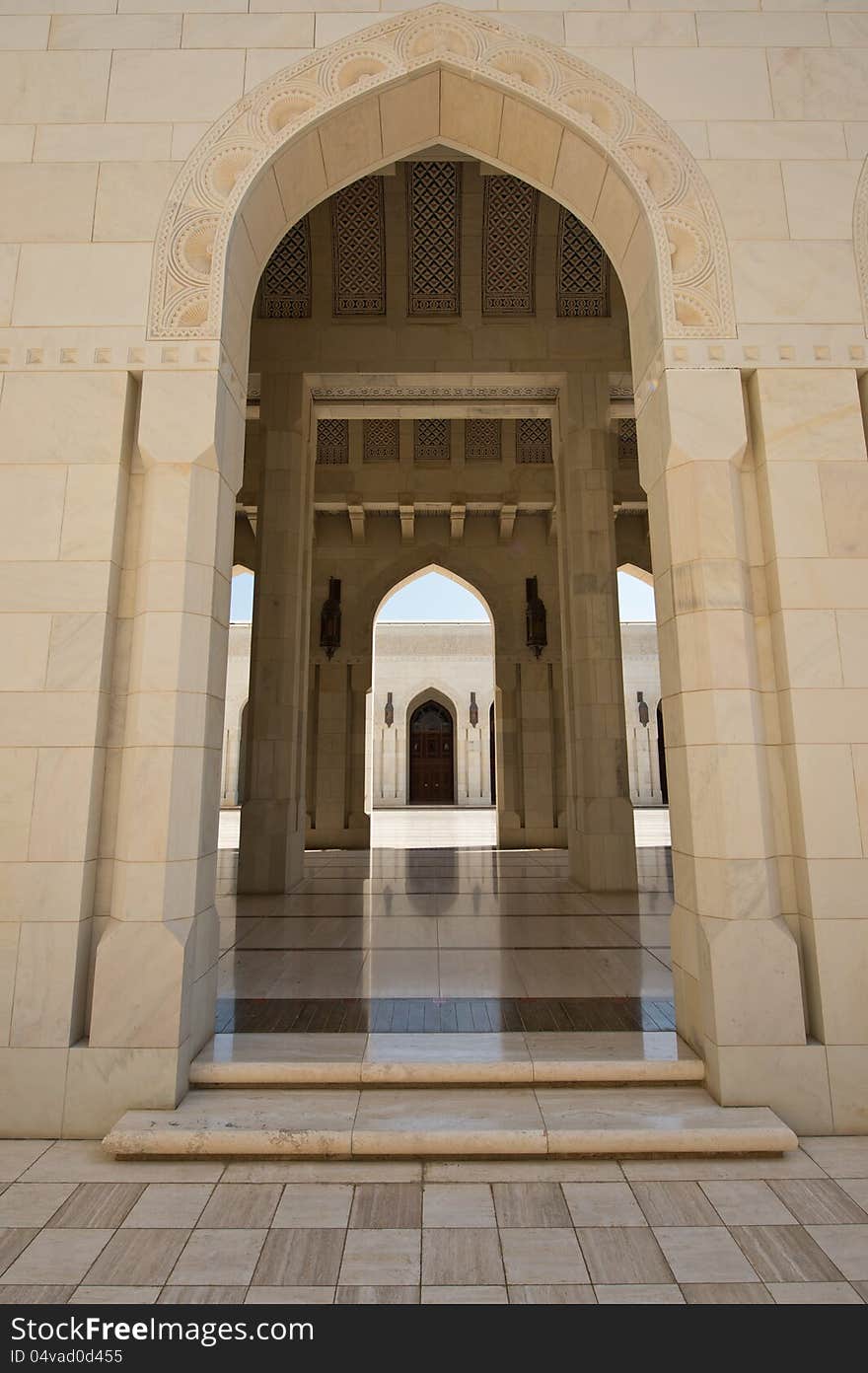 Outside areas at the Sultan Qaboos Grand Mosque in Muscat, Oman. Outside areas at the Sultan Qaboos Grand Mosque in Muscat, Oman.