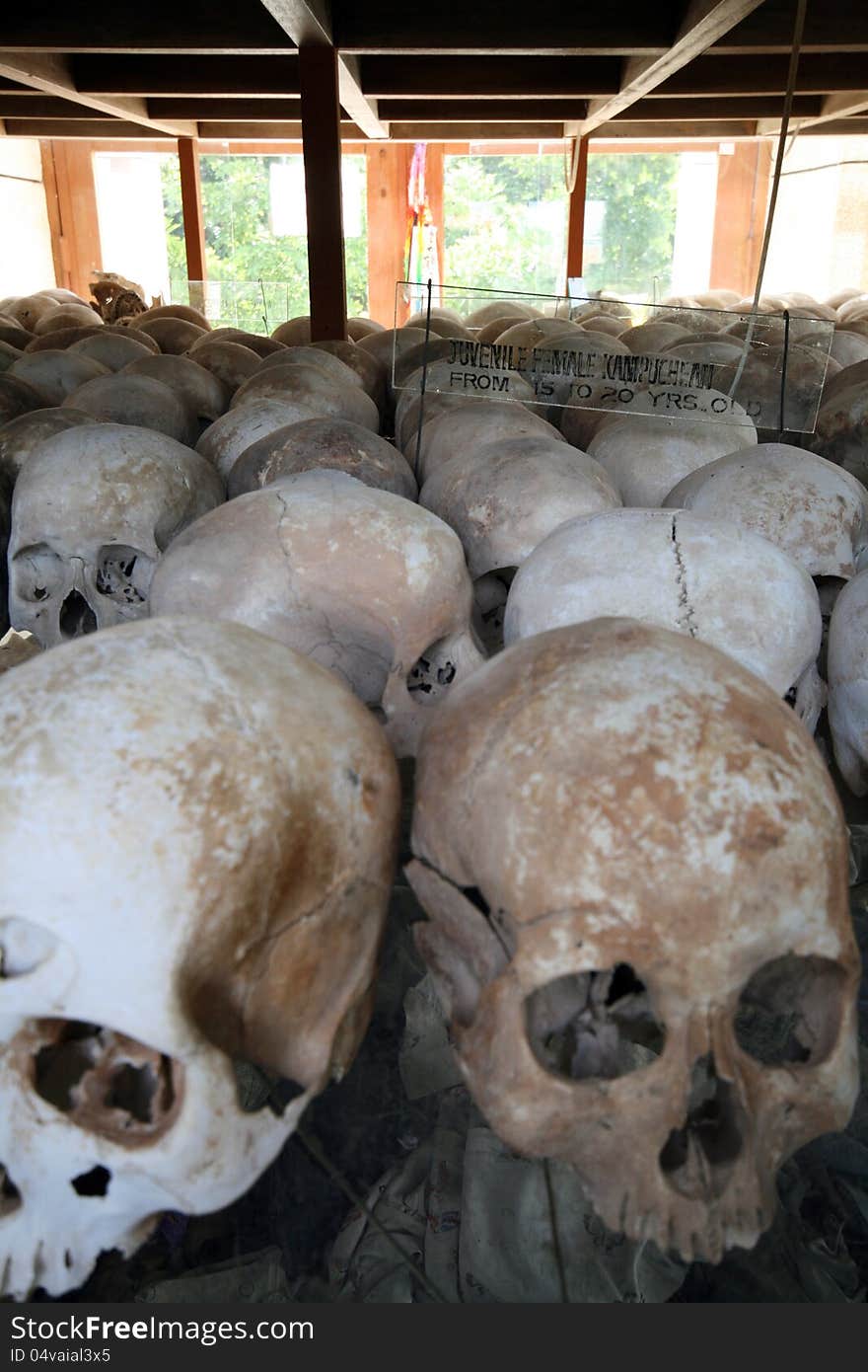 Lots of human skulls at Choeung Ek, Killing Fields, in Phnom Penh, Cambodia