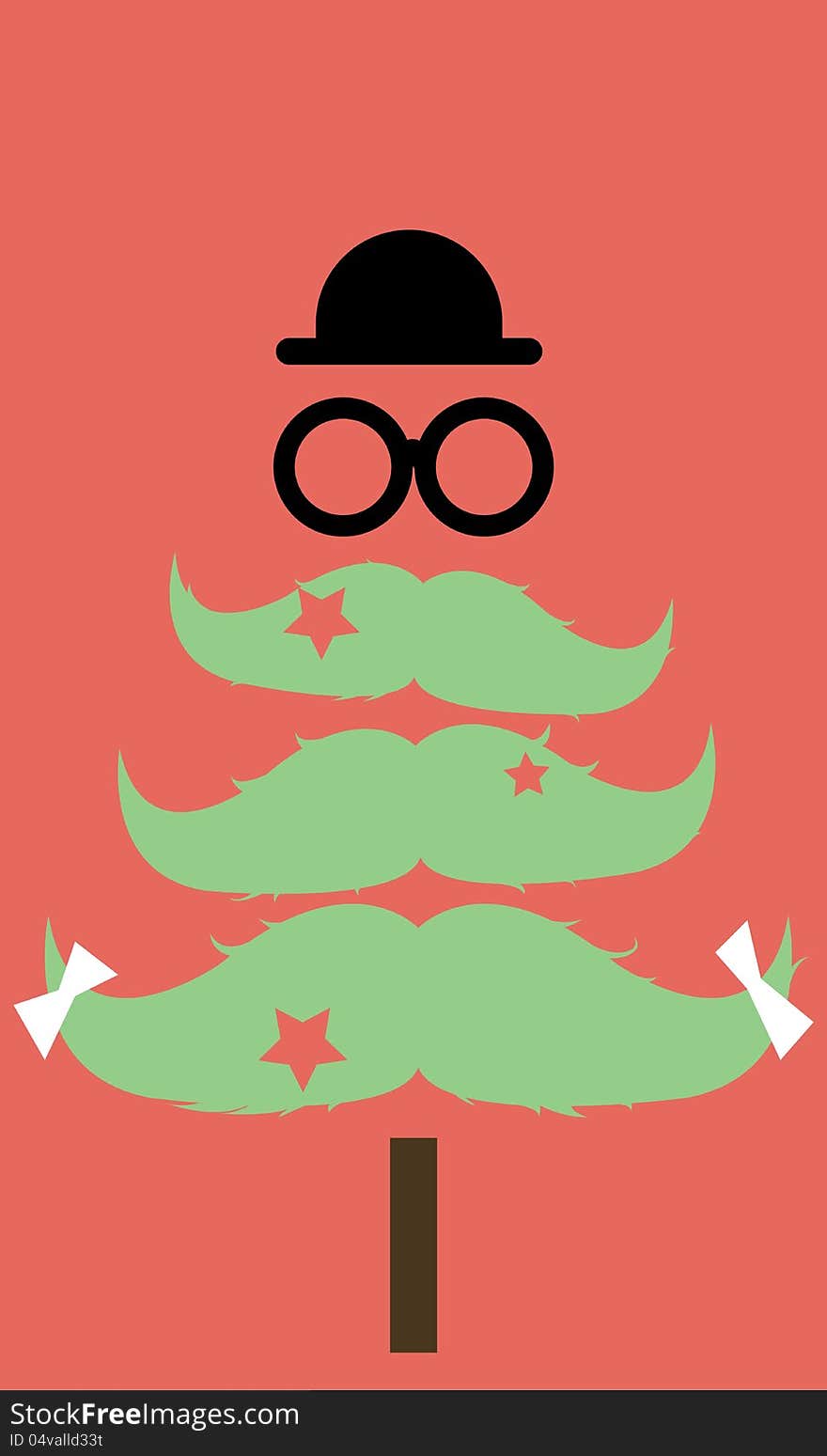 Moustaches Christmas tree greeting card with  hat on red background