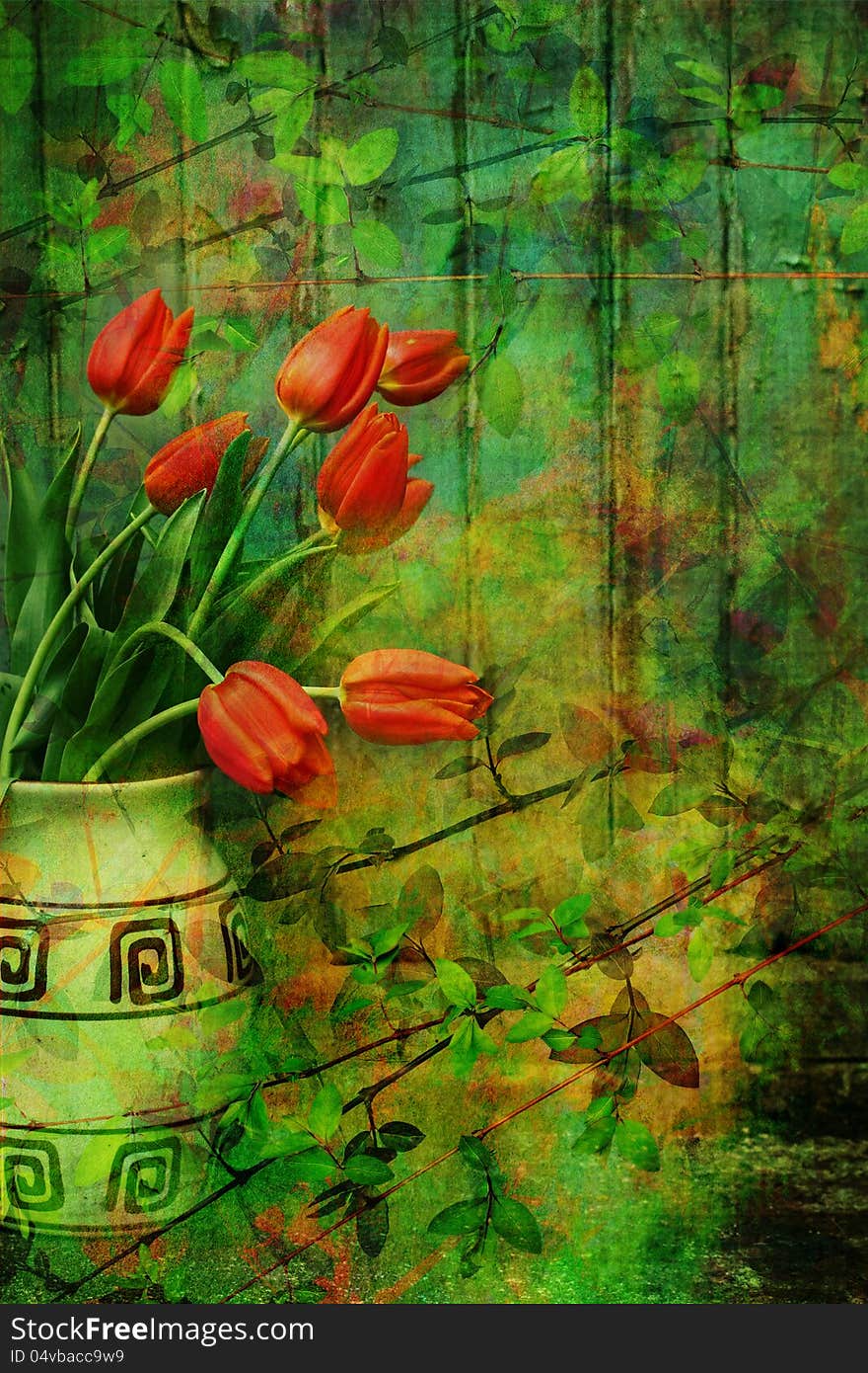 Grunge, Spring background with red tulips in the vase