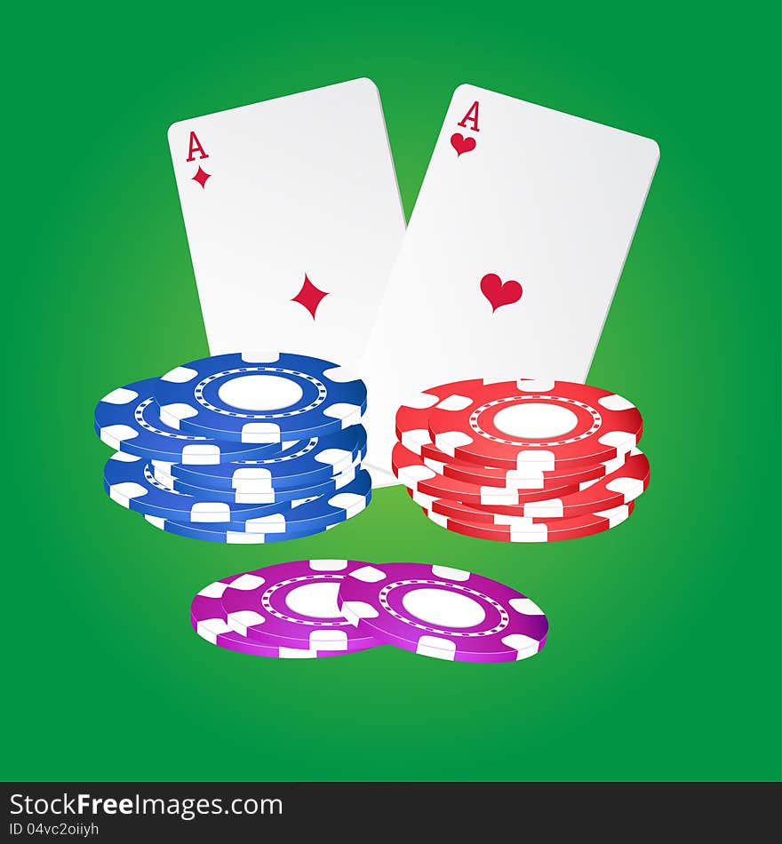 Casino elements.Poker cards and chips (blue, red,violet).