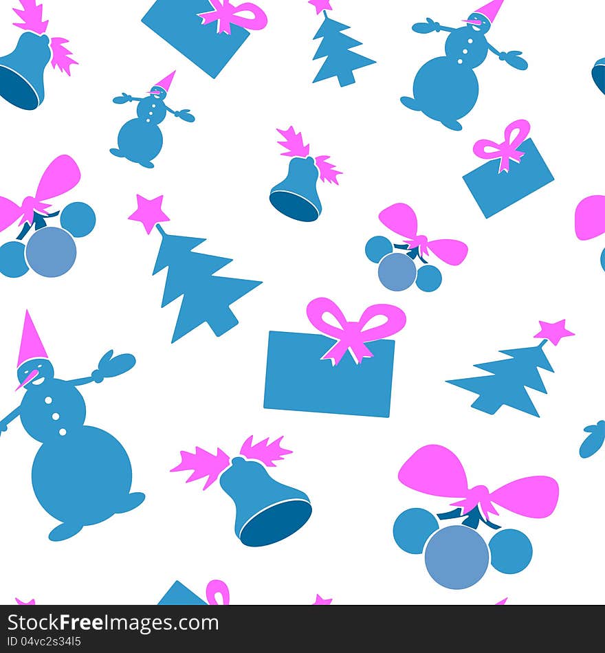 Illustration. Seamless christmas structure. A fir-tree, a hand bell, Christmas tree decorations, a gift, a snowman in dark blue and pink color on a white background. Illustration. Seamless christmas structure. A fir-tree, a hand bell, Christmas tree decorations, a gift, a snowman in dark blue and pink color on a white background.