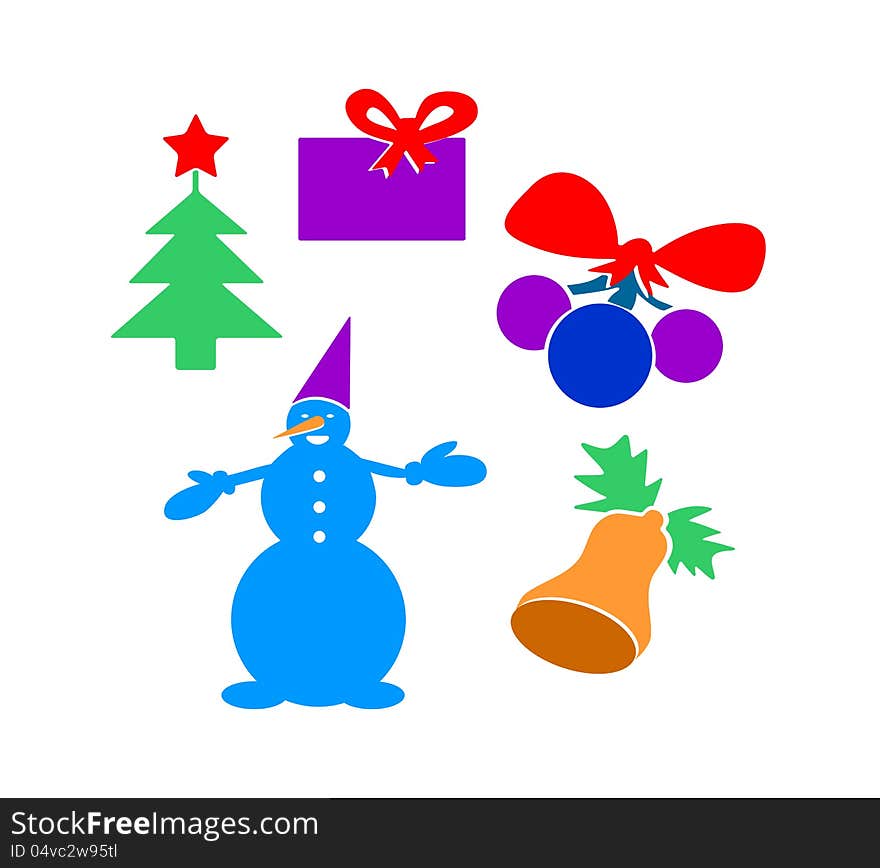 Illustration. Set of colored christmas pictures. A snowman, a fir-tree with an asterisk, New Year toys, a hand bell, a gift on a white background. Red, green, violet, dark blue, orange. Illustration. Set of colored christmas pictures. A snowman, a fir-tree with an asterisk, New Year toys, a hand bell, a gift on a white background. Red, green, violet, dark blue, orange.