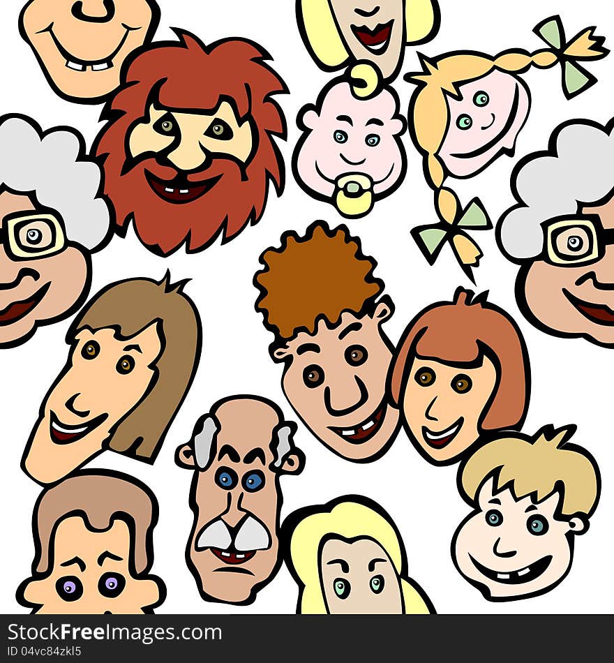 Seamless background with diversity of doodle smiling faces. Seamless background with diversity of doodle smiling faces