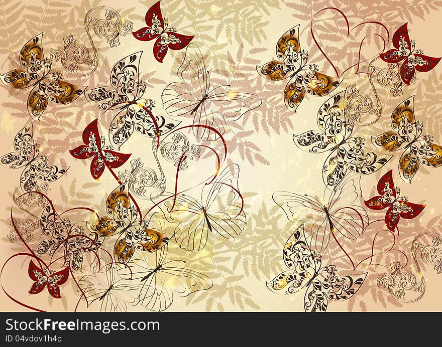 Floral vector Elegant vector background with butterflies in vintage style