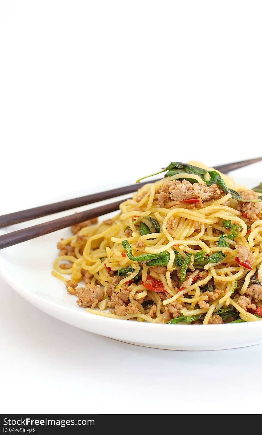 Fried noodle with basil leave