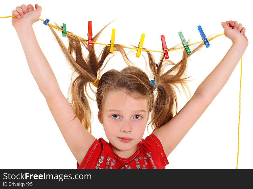 Girl with paperclips in hair on the white background