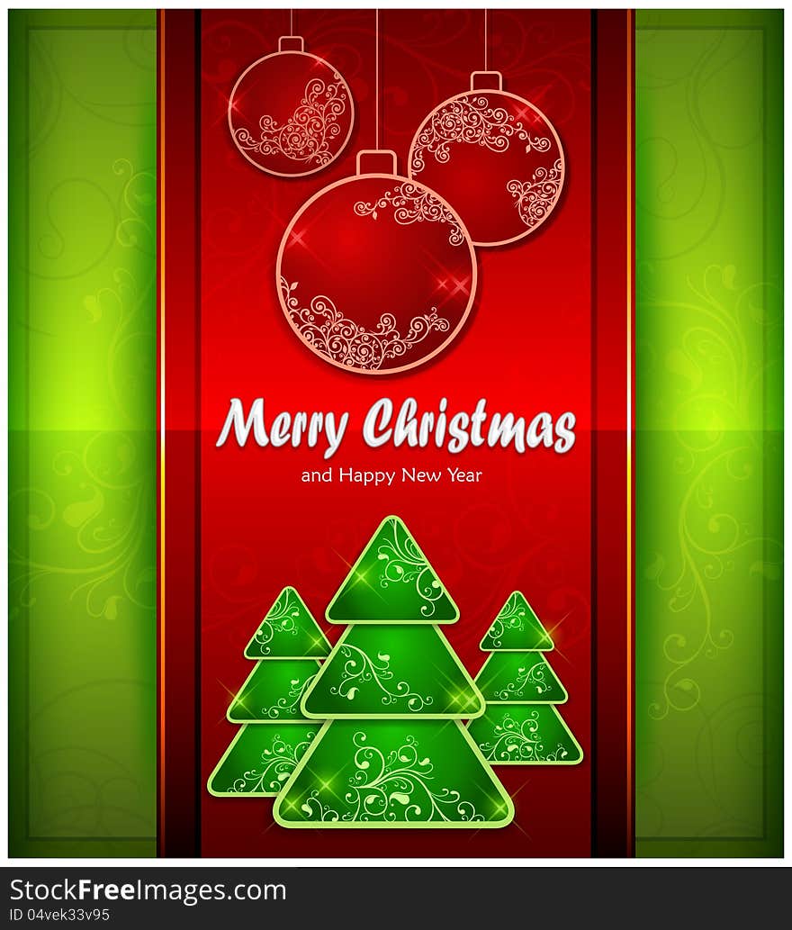 Balls and fir trees on red and green color background & text, vector illustration. Balls and fir trees on red and green color background & text, vector illustration