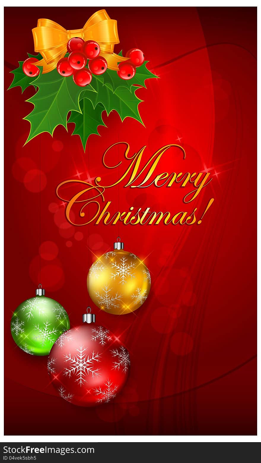 Christmas background with balls on red, bow and holly berry branch & text, vector illustration. Christmas background with balls on red, bow and holly berry branch & text, vector illustration