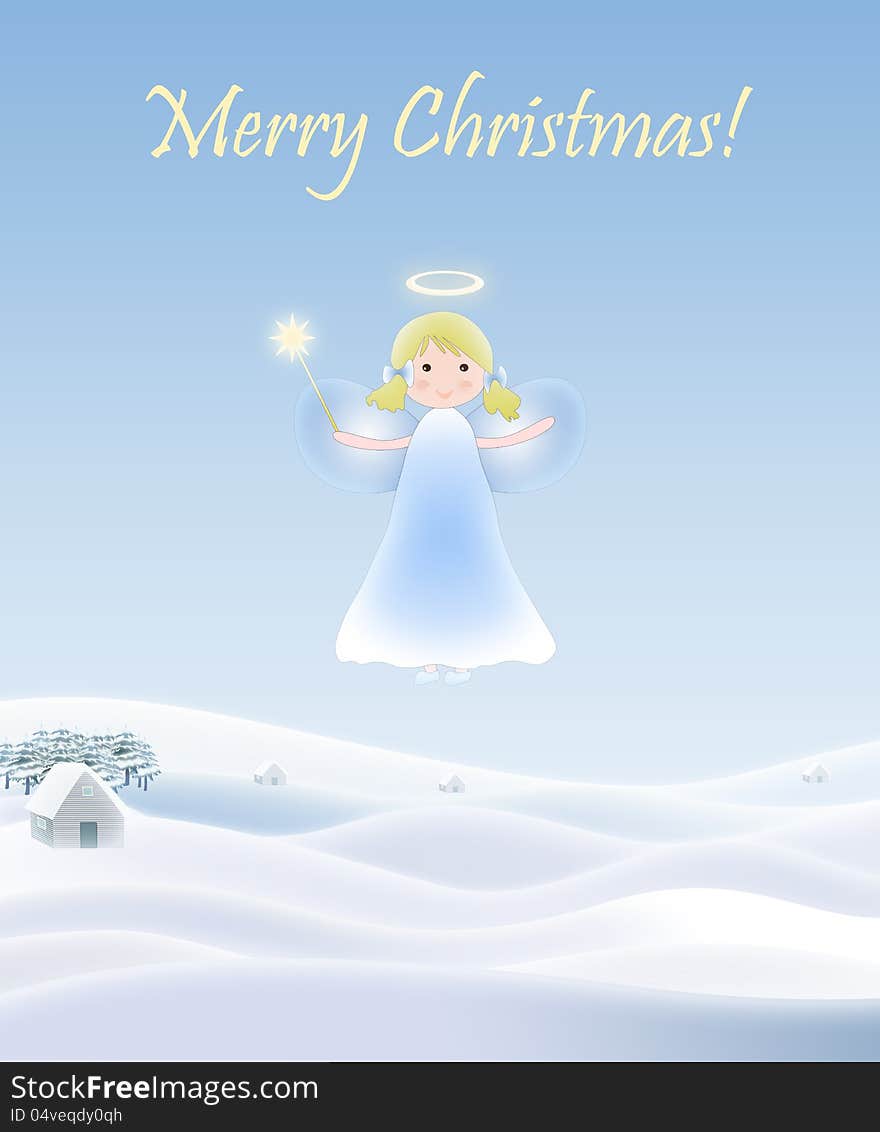 A Christmas Angel or fairy flying over Earth in the Holy Night. Christmas card illustration with Merry Christmas text. A Christmas Angel or fairy flying over Earth in the Holy Night. Christmas card illustration with Merry Christmas text.