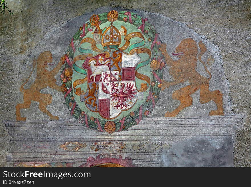 Coat of arms, Brunico Castle. Brunico in South Tyrol - Italy. Coat of arms, Brunico Castle. Brunico in South Tyrol - Italy