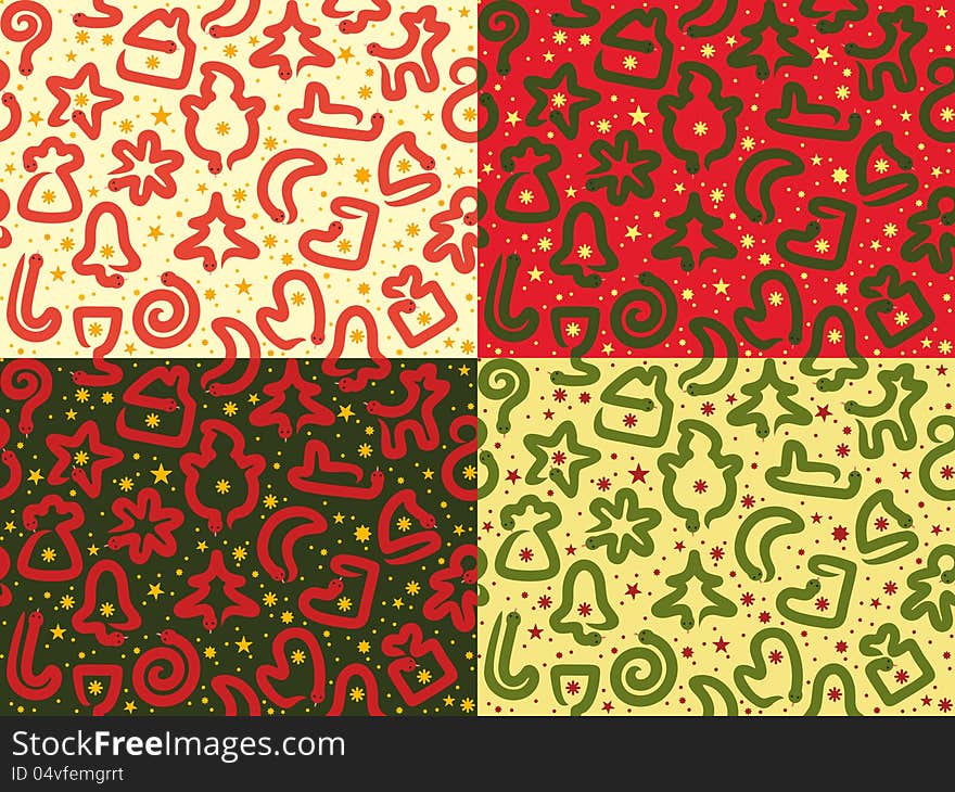 Four Christmas Snakes Seamless Patterns