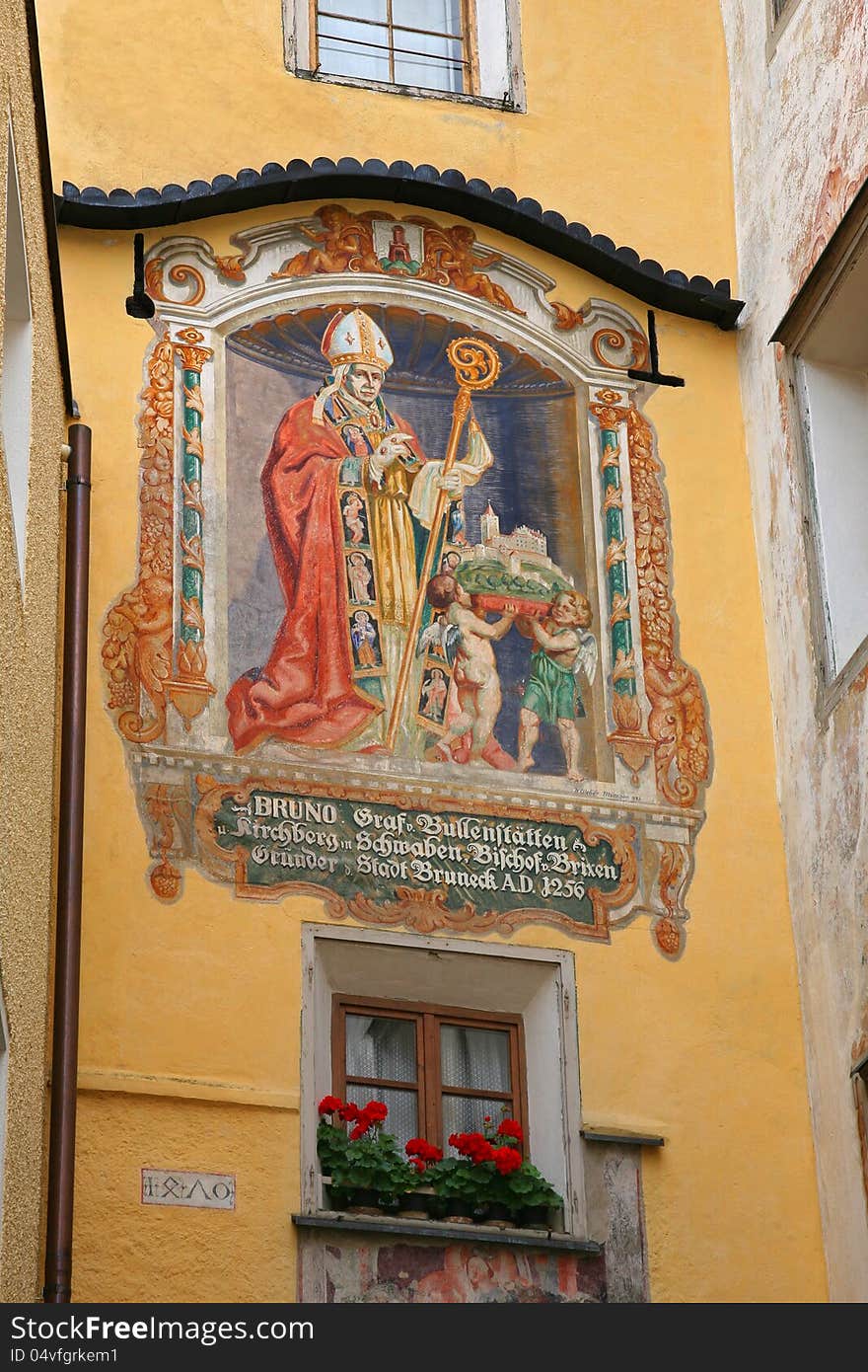 Port Ragen - fresco depicting the Bishop Bruno (1922) - Brunico - South Tyrol - Italy. Port Ragen - fresco depicting the Bishop Bruno (1922) - Brunico - South Tyrol - Italy