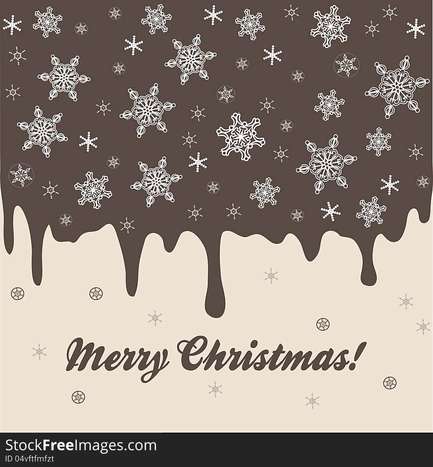 Christmas background with chocolate pie elements and snowflakes