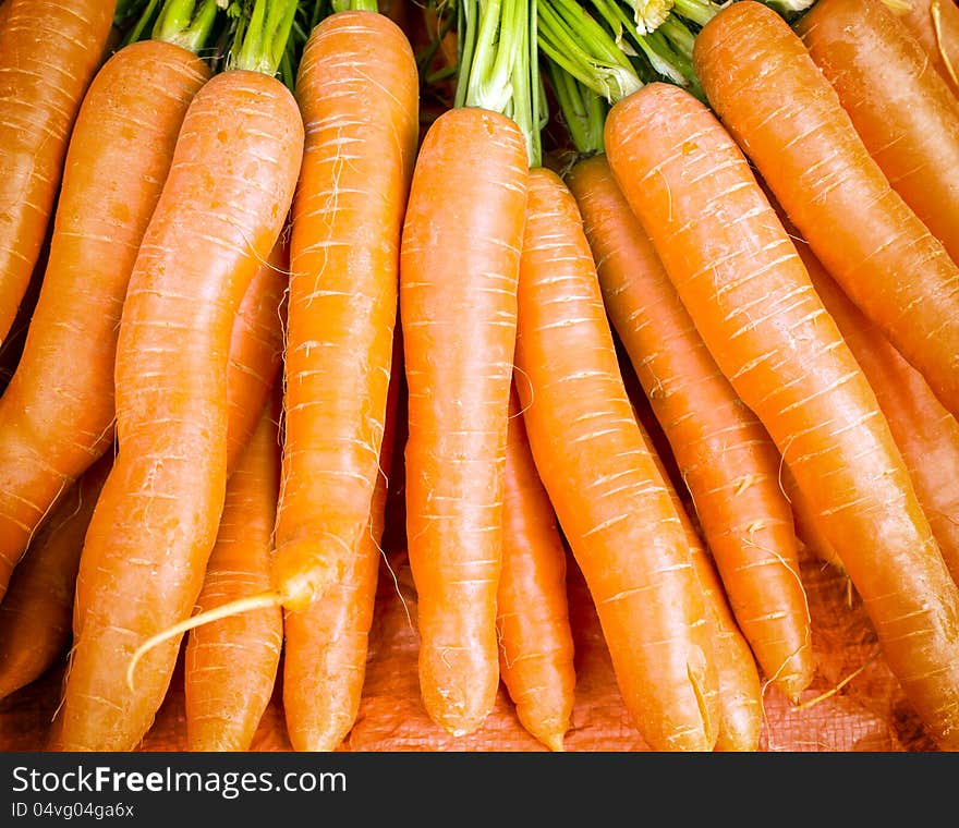 Fresh organic carrots on market stalls