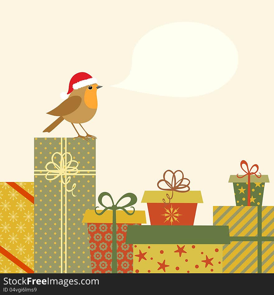 Christmas illustration with gifts and Robin bird.