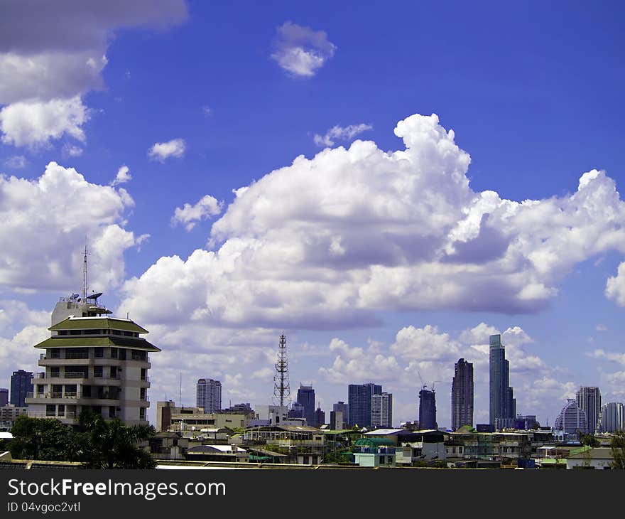 City skyline with blue sky