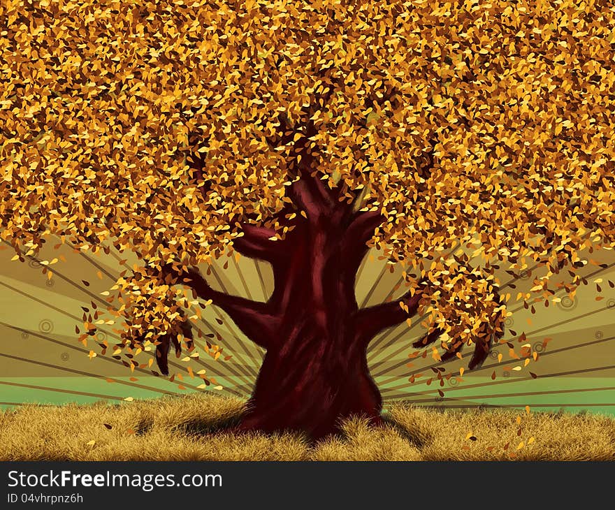 Abstract digital illustration of big fantasy tree at autumn season. Abstract digital illustration of big fantasy tree at autumn season.