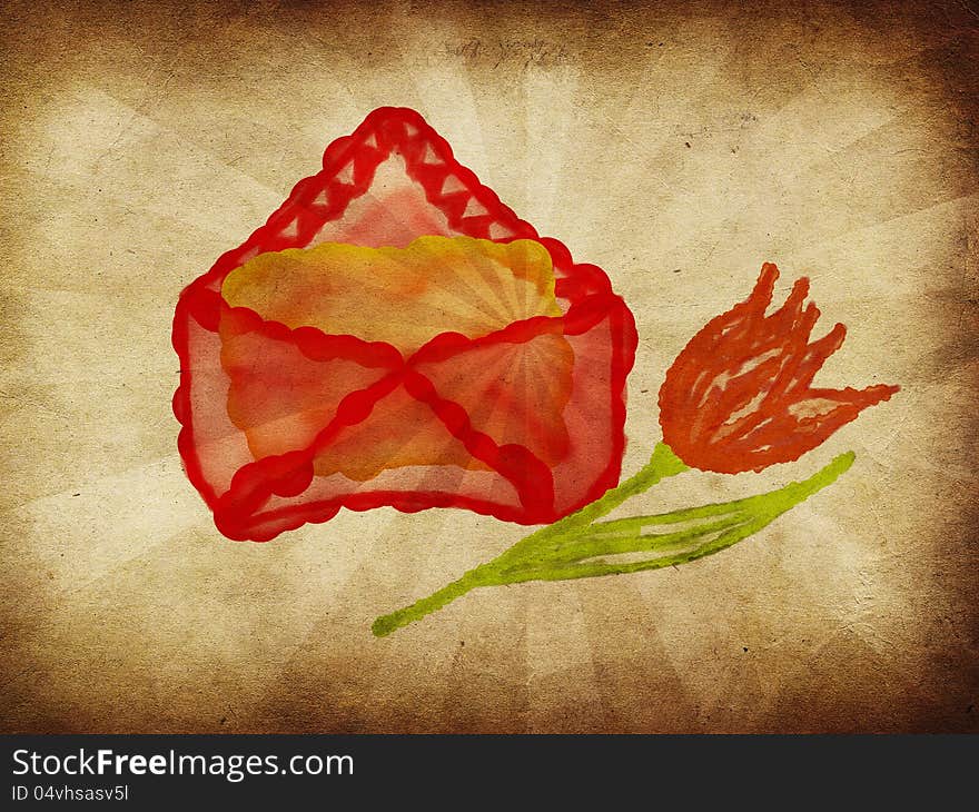 Illustration of painted red envelope and tulip grunge background. Illustration of painted red envelope and tulip grunge background.