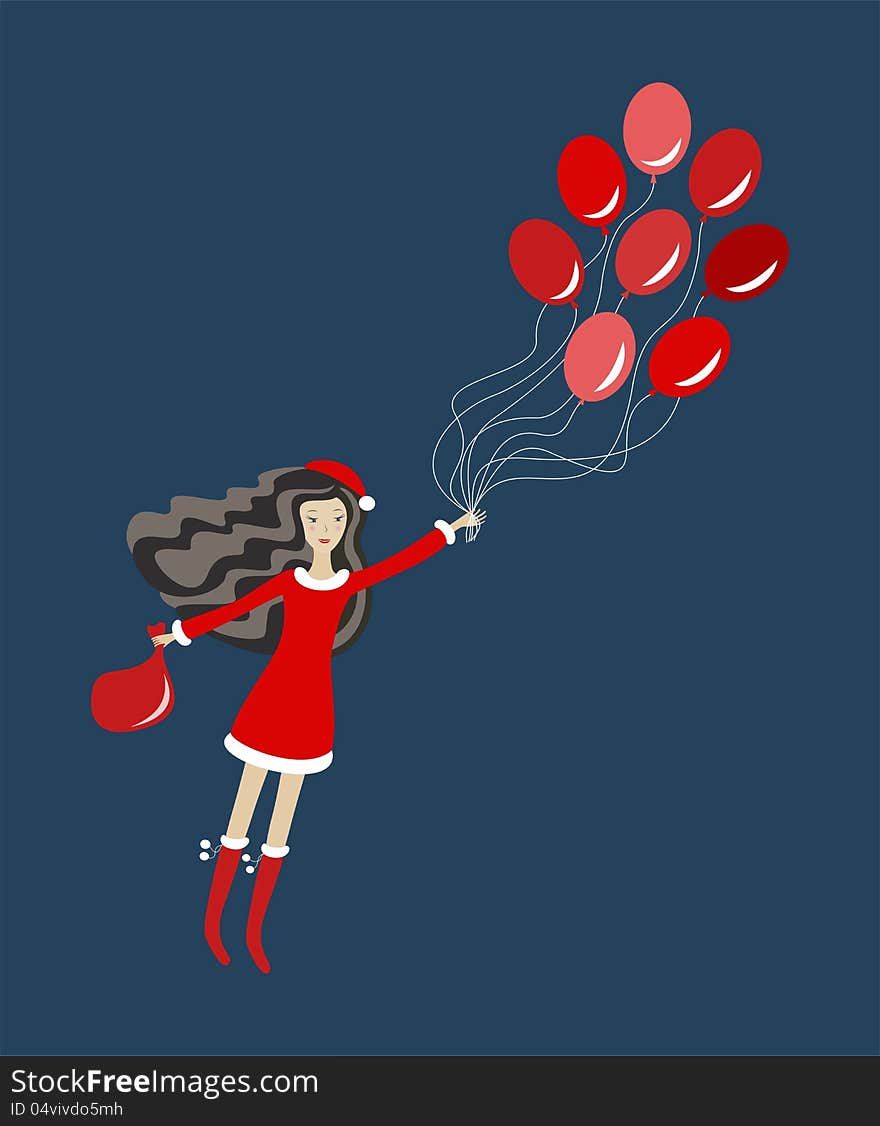 Santa girl with balloons, vector illustration