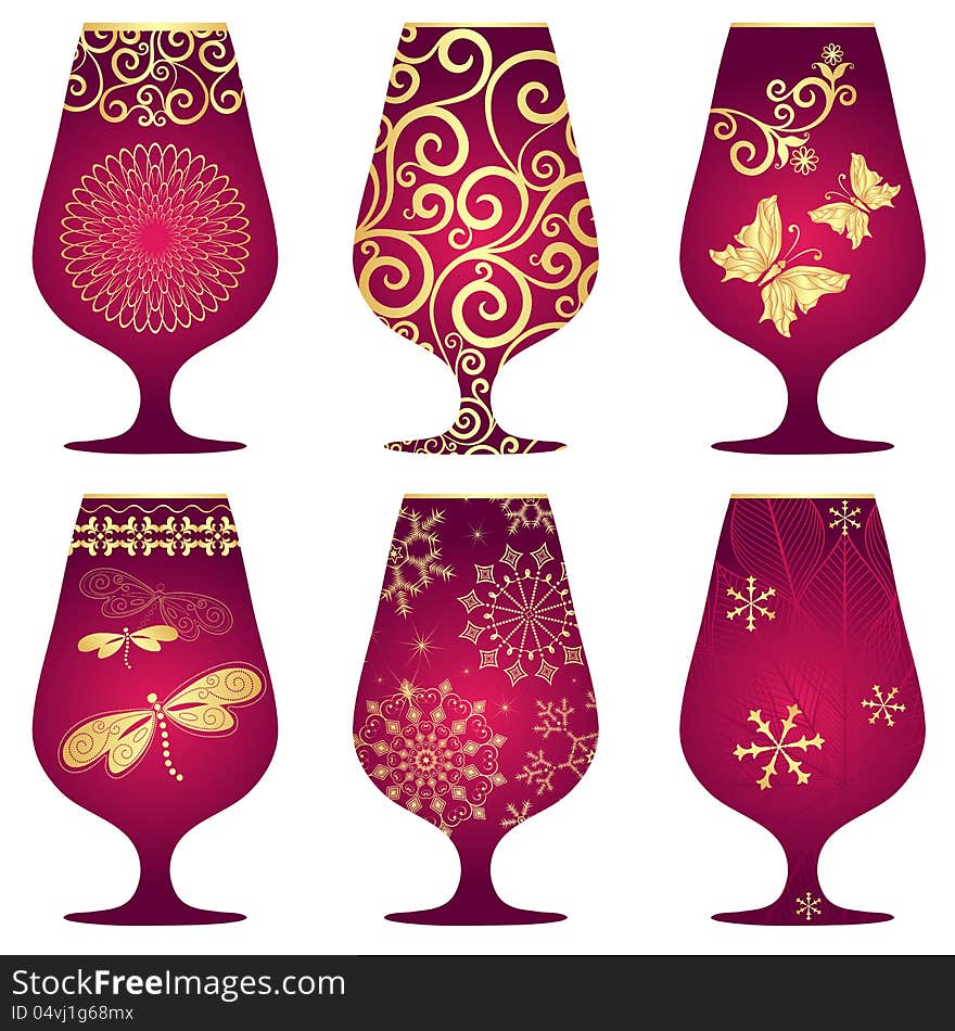 Set of purple Christmas glasses with gold decorative pattern on white (vector)