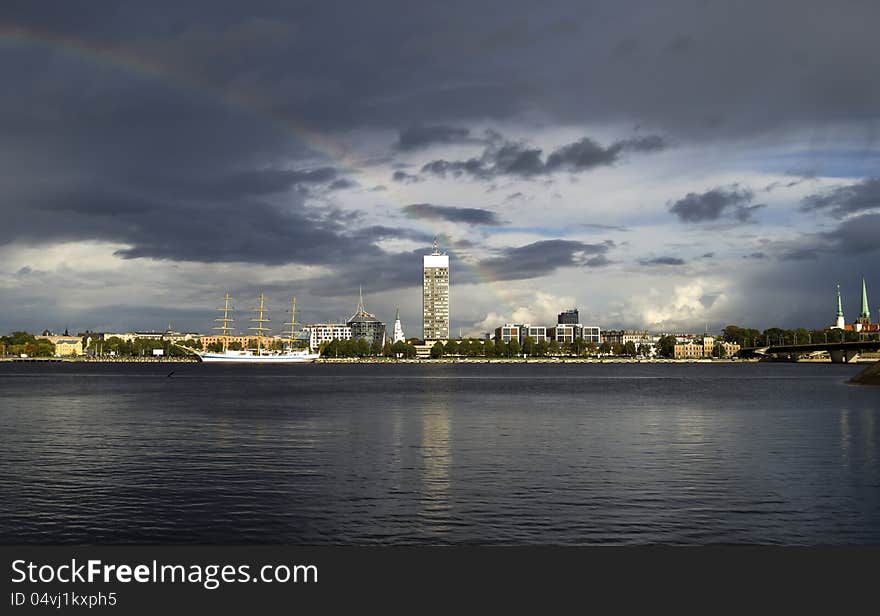 The biggest Russian yacht at marine port of Riga, just before a summer rain. The biggest Russian yacht at marine port of Riga, just before a summer rain