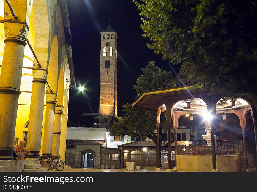 Historic Gazi Husrev Mosque in the old town of Sarajevo, the capital city of Bosnia and Herzegovina, at dusk