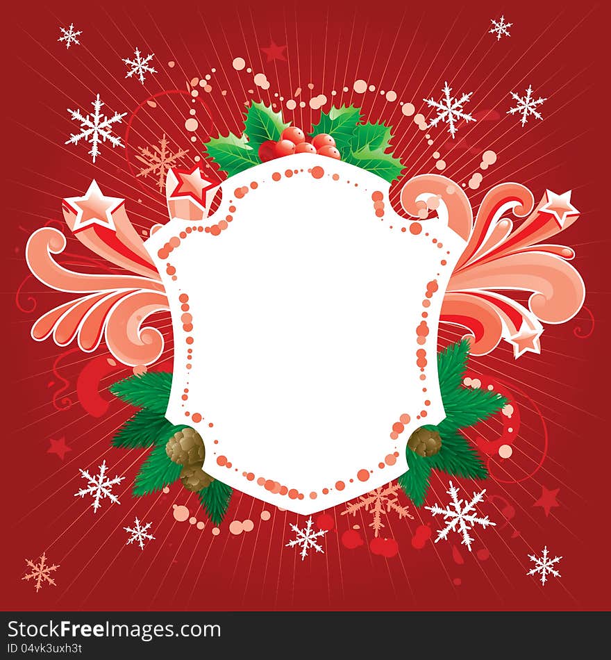 Vector empty blank for text with christmas decoration - branch of fir tree and holly - and abstract ornate elements. Vector empty blank for text with christmas decoration - branch of fir tree and holly - and abstract ornate elements