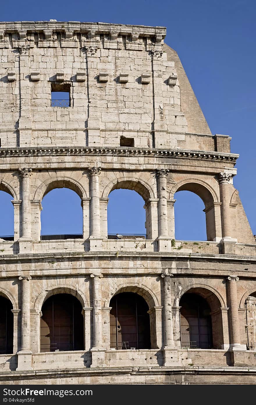 The Colosseum, the world famous landmark in Rome, vertical detail, Italy.