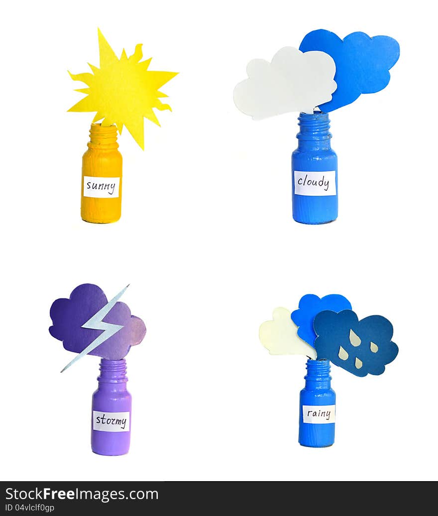 Painted bottles with weather icons on the white background